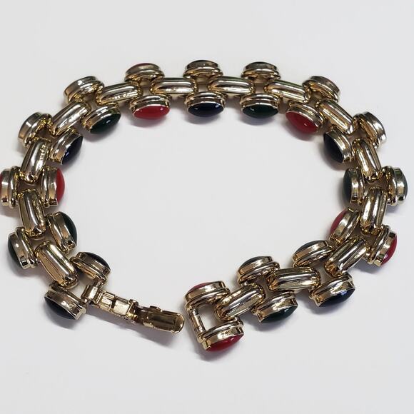 Vintage Navy Blue Red & Green Enamel Gold Tone Link Bracelet 8" - Picture 7 of 8